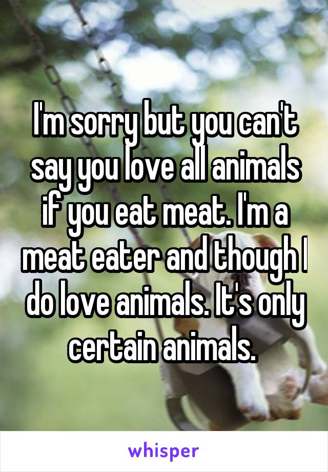 I'm sorry but you can't say you love all animals if you eat meat. I'm a meat eater and though I do love animals. It's only certain animals. 