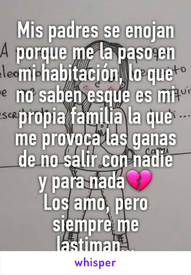 Mis padres se enojan porque me la paso en mi habitación, lo que no saben esque es mi propia familia la que me provoca las ganas de no salir con nadie y para nada💔
Los amo, pero siempre me lastiman...