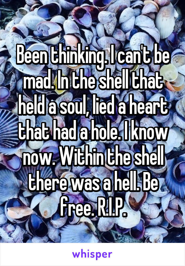 Been thinking. I can't be mad. In the shell that held a soul, lied a heart that had a hole. I know now. Within the shell there was a hell. Be free. R.I.P.