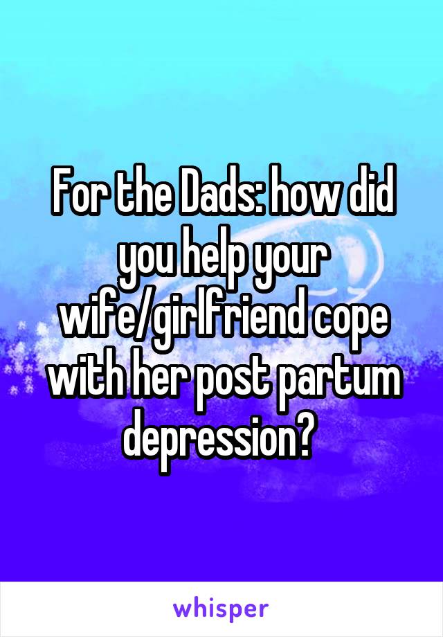 For the Dads: how did you help your wife/girlfriend cope with her post partum depression? 