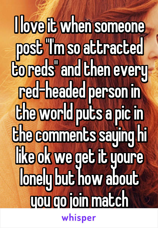 I love it when someone post "I'm so attracted to reds" and then every red-headed person in the world puts a pic in the comments saying hi like ok we get it youre lonely but how about you go join match