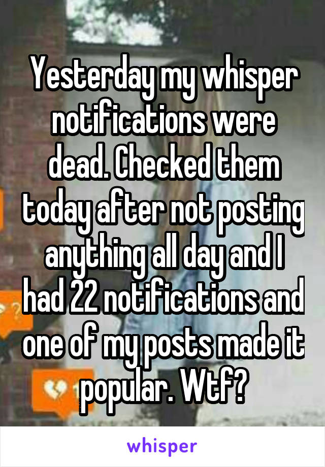 Yesterday my whisper notifications were dead. Checked them today after not posting anything all day and I had 22 notifications and one of my posts made it popular. Wtf?