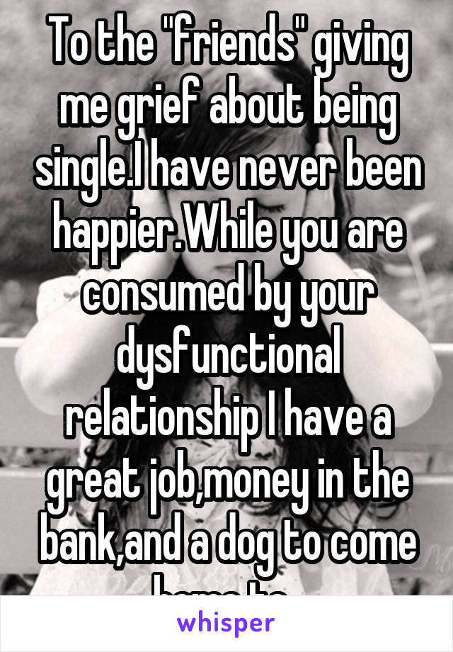 To the "friends" giving me grief about being single.I have never been happier.While you are consumed by your dysfunctional relationship I have a great job,money in the bank,and a dog to come home to. 