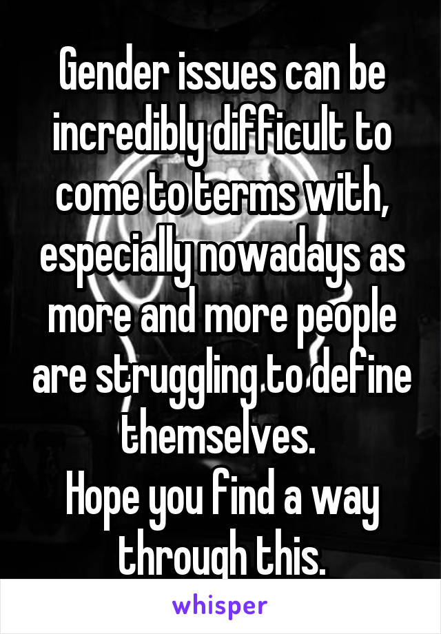 Gender issues can be incredibly difficult to come to terms with, especially nowadays as more and more people are struggling to define themselves. 
Hope you find a way through this.