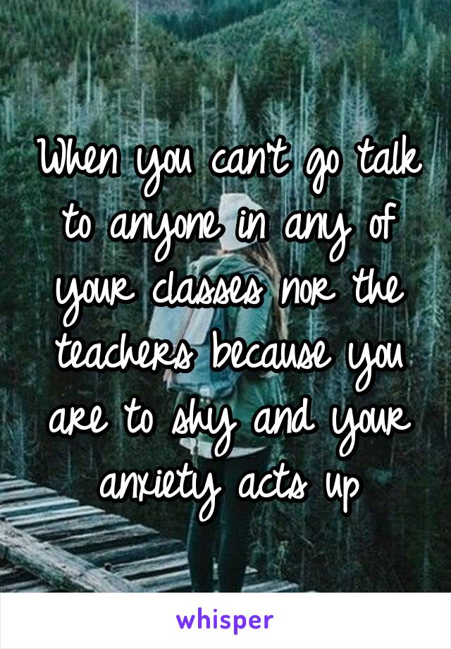 When you can't go talk to anyone in any of your classes nor the teachers because you are to shy and your anxiety acts up