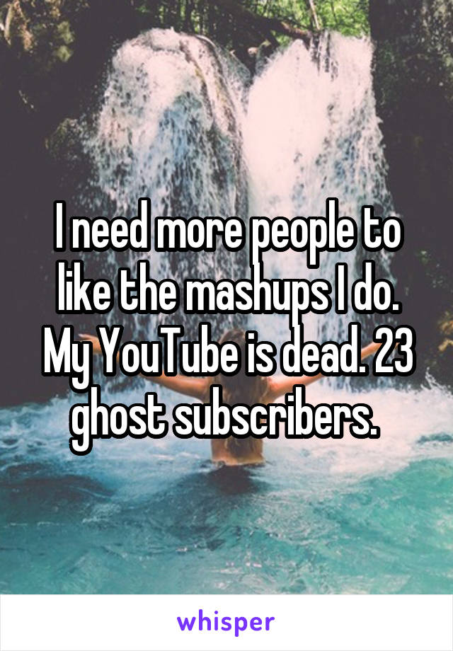 I need more people to like the mashups I do. My YouTube is dead. 23 ghost subscribers. 