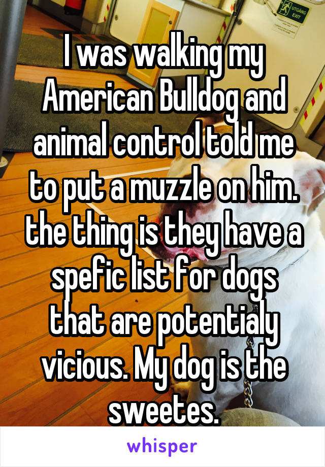 I was walking my American Bulldog and animal control told me to put a muzzle on him. the thing is they have a spefic list for dogs that are potentialy vicious. My dog is the sweetes.