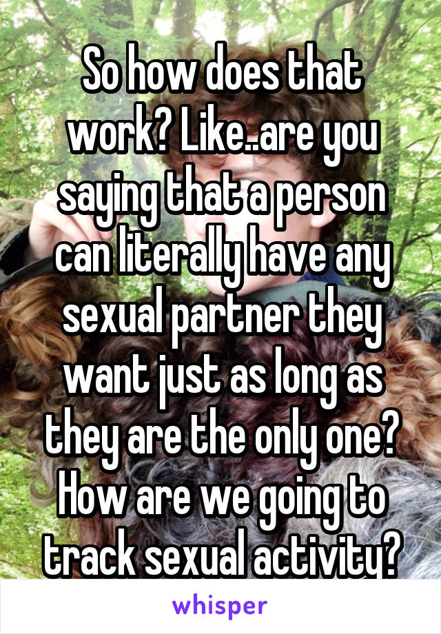 So how does that work? Like..are you saying that a person can literally have any sexual partner they want just as long as they are the only one? How are we going to track sexual activity?