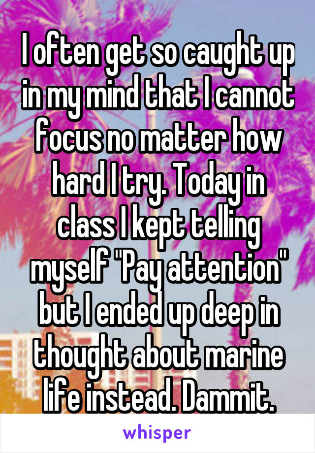 I often get so caught up in my mind that I cannot focus no matter how hard I try. Today in class I kept telling myself "Pay attention" but I ended up deep in thought about marine life instead. Dammit.