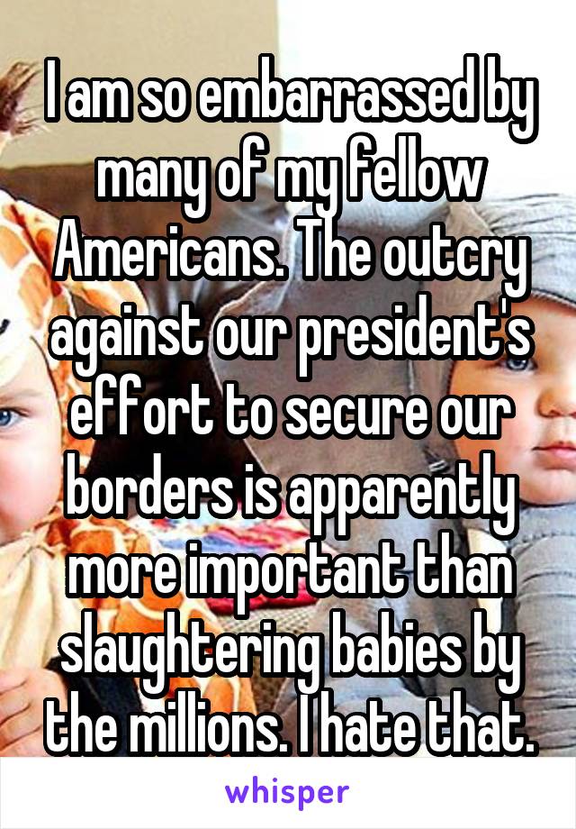 I am so embarrassed by many of my fellow Americans. The outcry against our president's effort to secure our borders is apparently more important than slaughtering babies by the millions. I hate that.