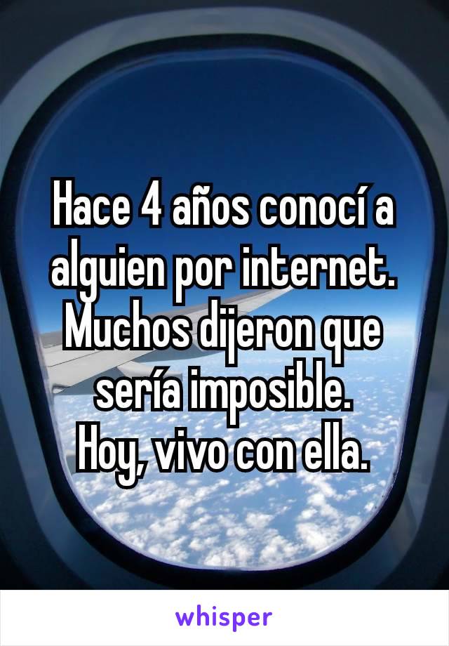 Hace 4 años conocí a alguien por internet.
Muchos dijeron que sería imposible.
Hoy, vivo con ella.