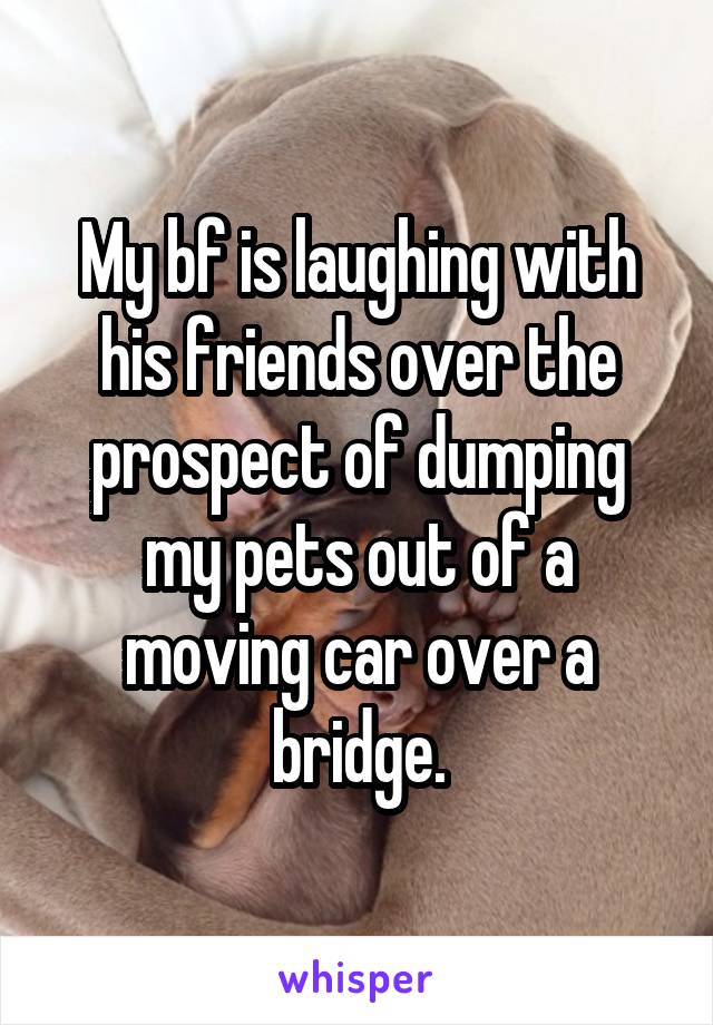 My bf is laughing with his friends over the prospect of dumping my pets out of a moving car over a bridge.