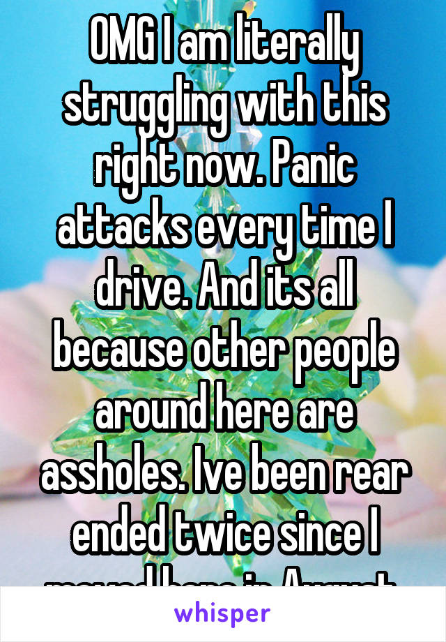 OMG I am literally struggling with this right now. Panic attacks every time I drive. And its all because other people around here are assholes. Ive been rear ended twice since I moved here in August.