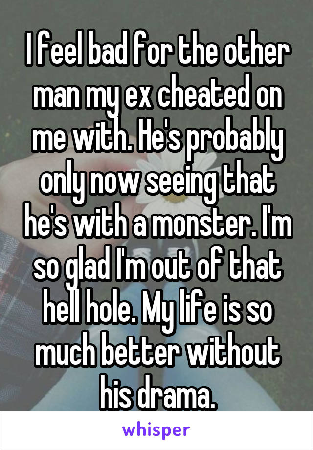 I feel bad for the other man my ex cheated on me with. He's probably only now seeing that he's with a monster. I'm so glad I'm out of that hell hole. My life is so much better without his drama.