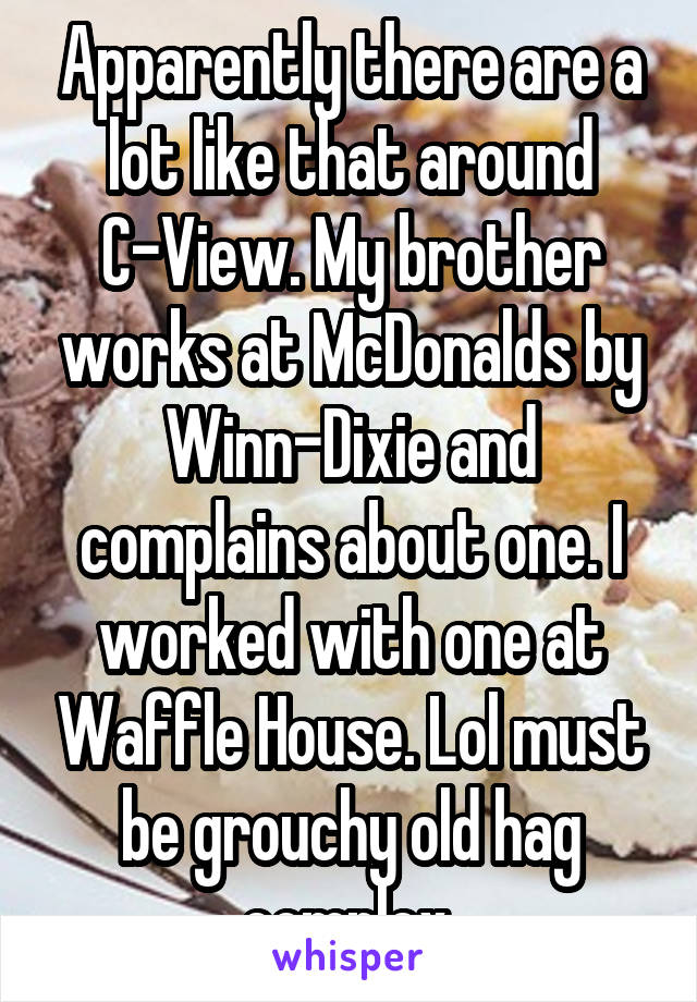 Apparently there are a lot like that around C-View. My brother works at McDonalds by Winn-Dixie and complains about one. I worked with one at Waffle House. Lol must be grouchy old hag complex.