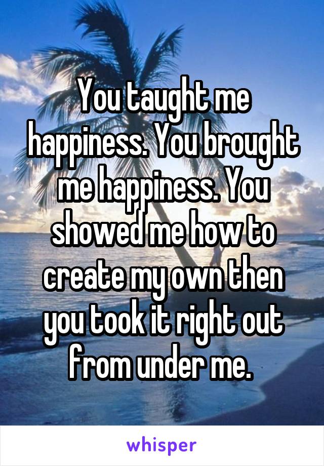 You taught me happiness. You brought me happiness. You showed me how to create my own then you took it right out from under me. 