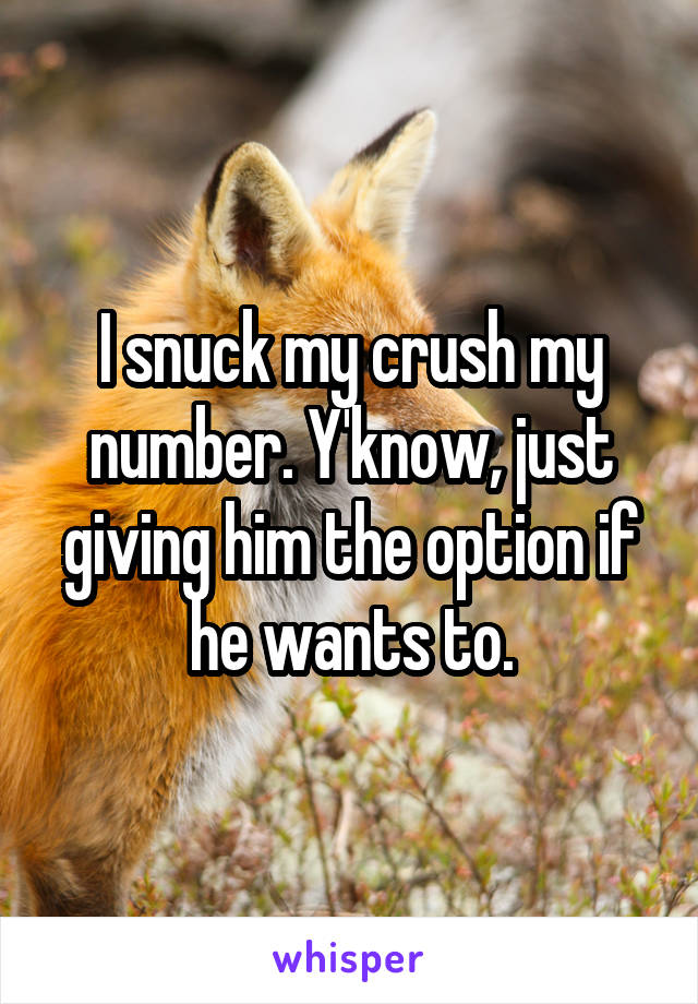 I snuck my crush my number. Y'know, just giving him the option if he wants to.