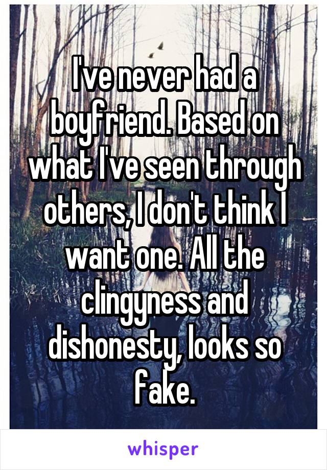 I've never had a boyfriend. Based on what I've seen through others, I don't think I want one. All the clingyness and dishonesty, looks so fake.