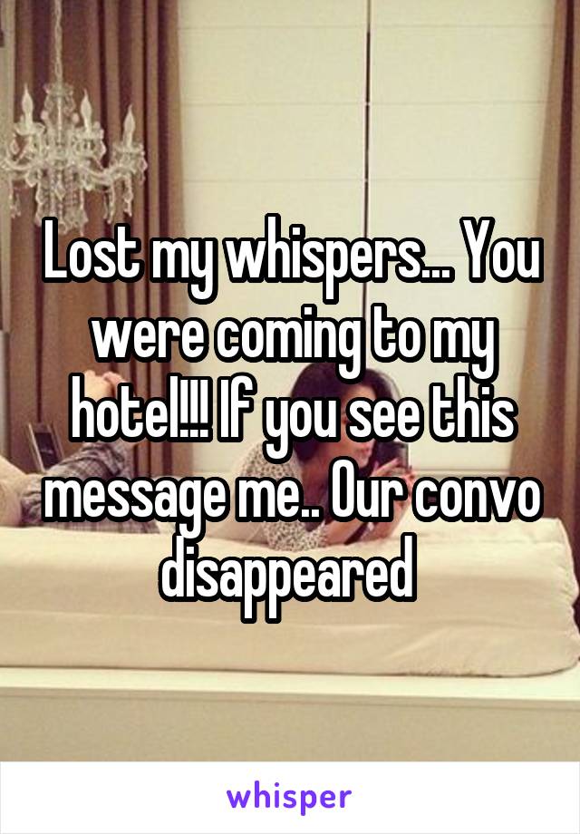 Lost my whispers... You were coming to my hotel!!! If you see this message me.. Our convo disappeared 