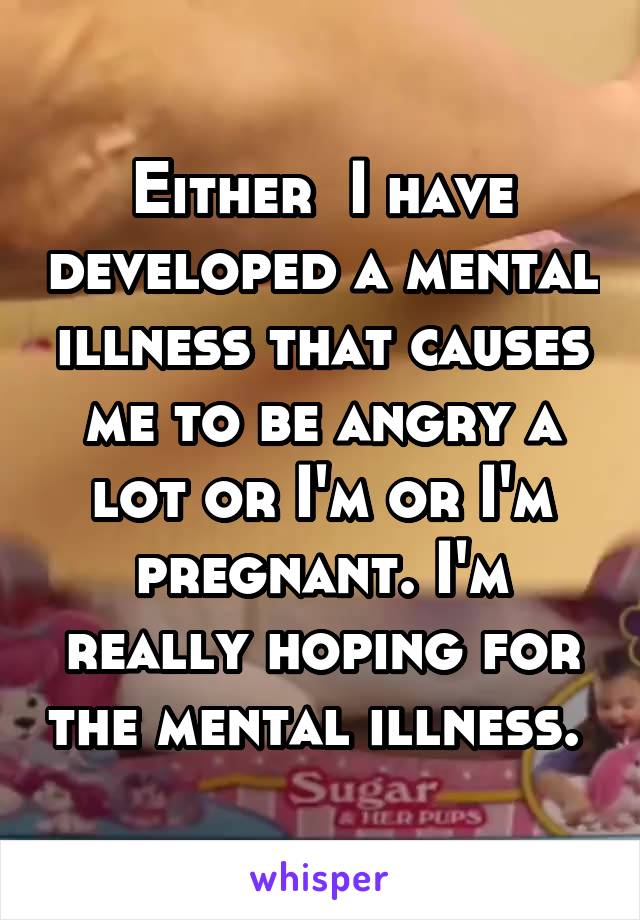 Either  I have developed a mental illness that causes me to be angry a lot or I'm or I'm pregnant. I'm really hoping for the mental illness. 