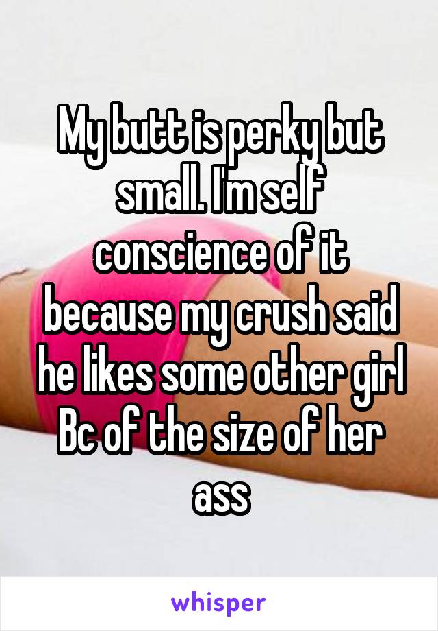 My butt is perky but small. I'm self conscience of it because my crush said he likes some other girl Bc of the size of her ass