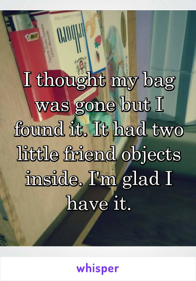 I thought my bag was gone but I found it. It had two little friend objects inside. I'm glad I have it.