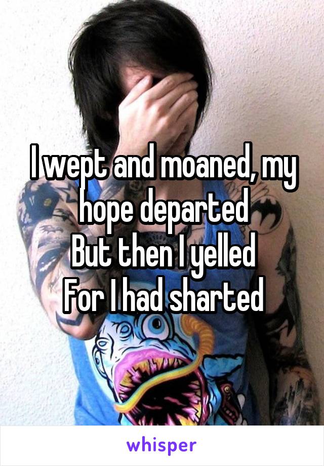 I wept and moaned, my hope departed
But then I yelled
For I had sharted