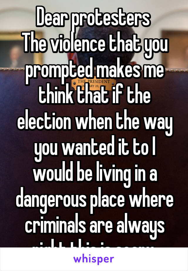 Dear protesters 
The violence that you prompted makes me think that if the election when the way you wanted it to I would be living in a dangerous place where criminals are always right this is scary 
