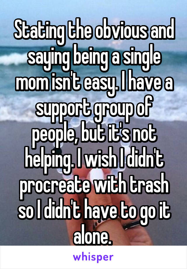 Stating the obvious and saying being a single mom isn't easy. I have a support group of people, but it's not helping. I wish I didn't procreate with trash so I didn't have to go it alone. 