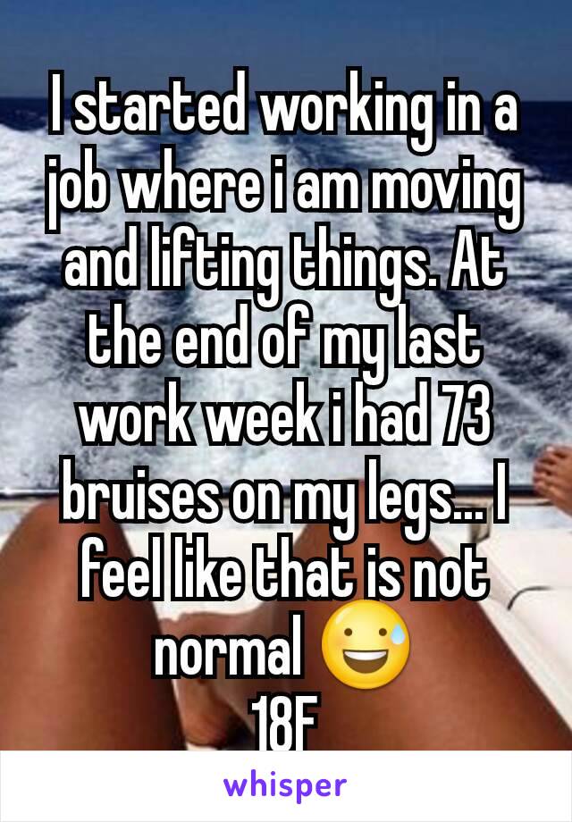 I started working in a job where i am moving and lifting things. At the end of my last work week i had 73 bruises on my legs... I feel like that is not normal 😅
18F