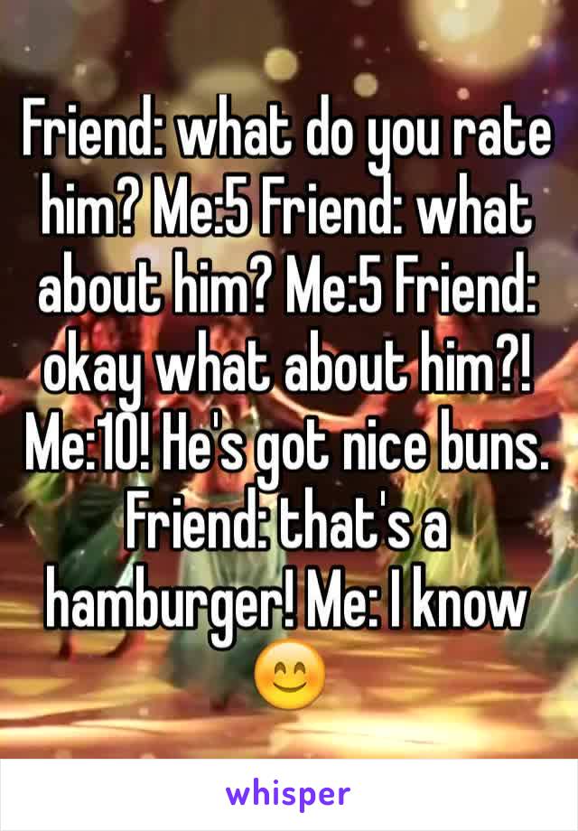 Friend: what do you rate him? Me:5 Friend: what about him? Me:5 Friend: okay what about him?! Me:10! He's got nice buns. Friend: that's a hamburger! Me: I know 😊