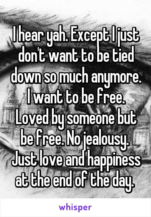 I hear yah. Except I just don't want to be tied down so much anymore. I want to be free. Loved by someone but be free. No jealousy.  Just love and happiness at the end of the day. 