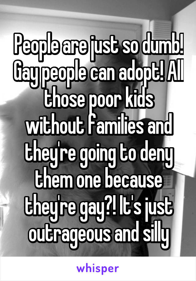 People are just so dumb! Gay people can adopt! All those poor kids without families and they're going to deny them one because they're gay?! It's just outrageous and silly