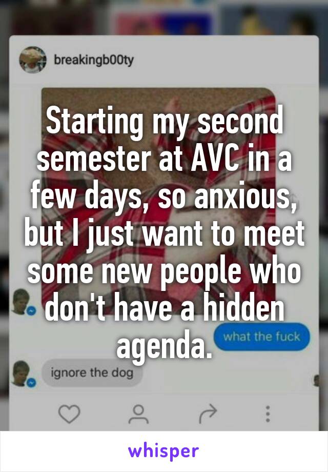 Starting my second semester at AVC in a few days, so anxious, but I just want to meet some new people who don't have a hidden agenda.