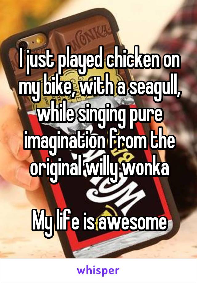 I just played chicken on my bike, with a seagull, while singing pure imagination from the original willy wonka

My life is awesome
