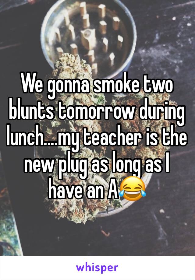 We gonna smoke two blunts tomorrow during lunch....my teacher is the new plug as long as I have an A😂 