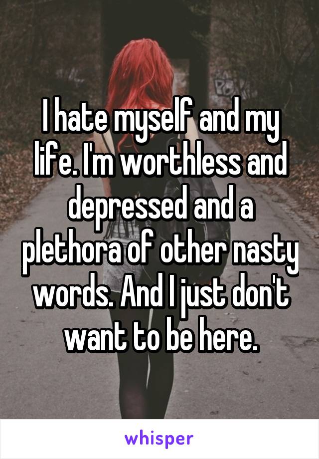 I hate myself and my life. I'm worthless and depressed and a plethora of other nasty words. And I just don't want to be here.