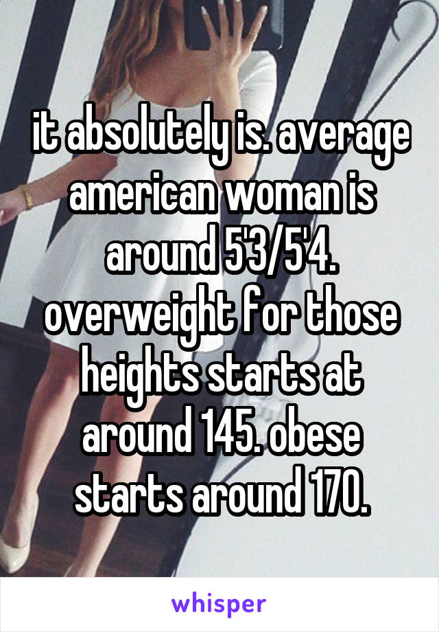 it absolutely is. average american woman is around 5'3/5'4. overweight for those heights starts at around 145. obese starts around 170.