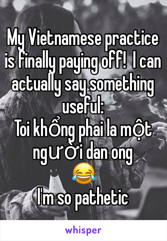 My Vietnamese practice is finally paying off!  I can actually say something useful: 
Toi khổng phai la một người dan ong 
😂
I'm so pathetic 