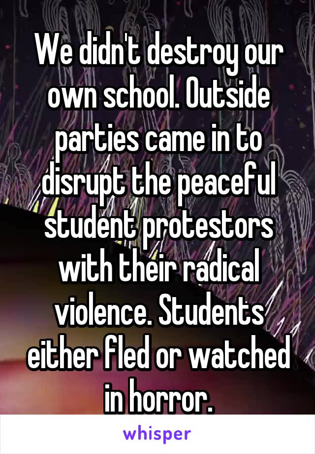 We didn't destroy our own school. Outside parties came in to disrupt the peaceful student protestors with their radical violence. Students either fled or watched in horror.