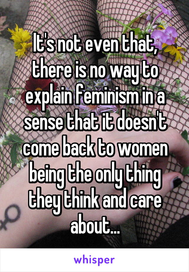 It's not even that, there is no way to explain feminism in a sense that it doesn't come back to women being the only thing they think and care about...