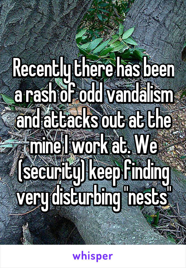 Recently there has been a rash of odd vandalism and attacks out at the mine I work at. We (security) keep finding very disturbing "nests"