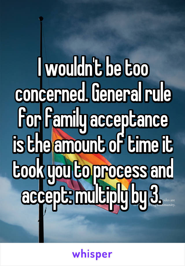 I wouldn't be too concerned. General rule for family acceptance is the amount of time it took you to process and accept: multiply by 3. 