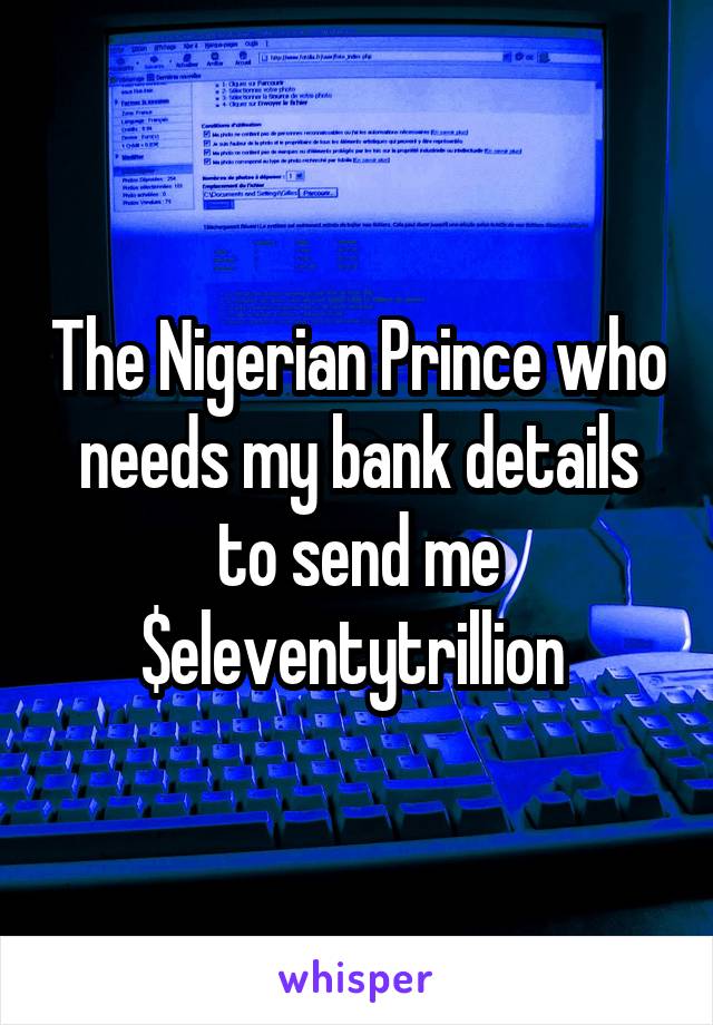 The Nigerian Prince who needs my bank details to send me $eleventytrillion 