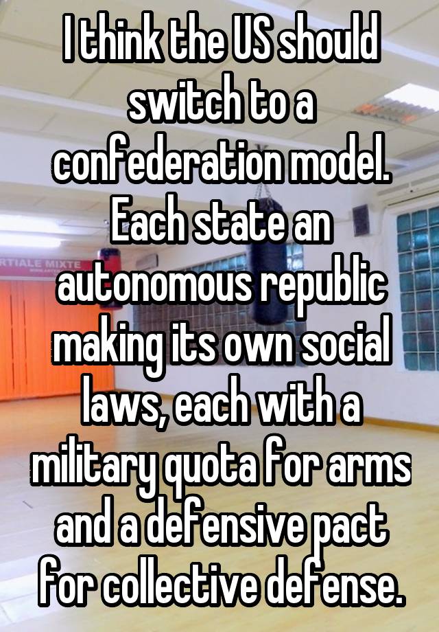 I think the US should switch to a confederation model. Each state an autonomous republic making its own social laws, each with a military quota for arms and a defensive pact for collective defense.