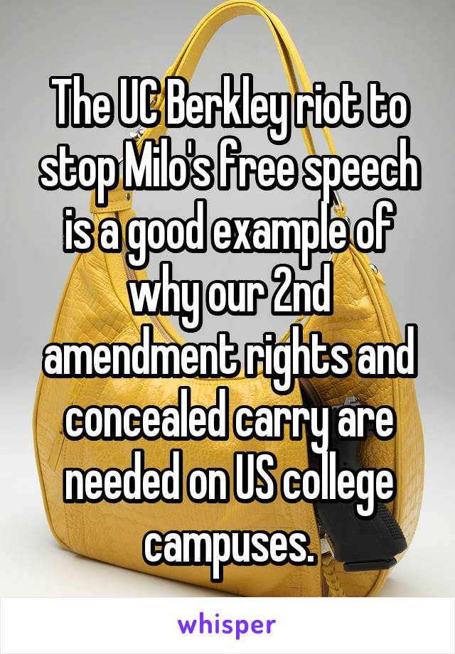 The UC Berkley riot to stop Milo's free speech is a good example of why our 2nd amendment rights and concealed carry are needed on US college campuses.