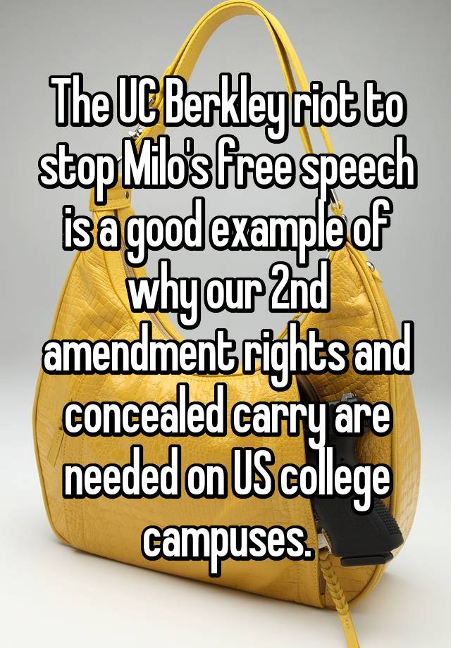 The UC Berkley riot to stop Milo's free speech is a good example of why our 2nd amendment rights and concealed carry are needed on US college campuses.