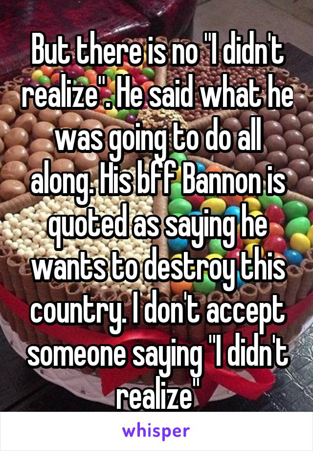 But there is no "I didn't realize". He said what he was going to do all along. His bff Bannon is quoted as saying he wants to destroy this country. I don't accept someone saying "I didn't realize"