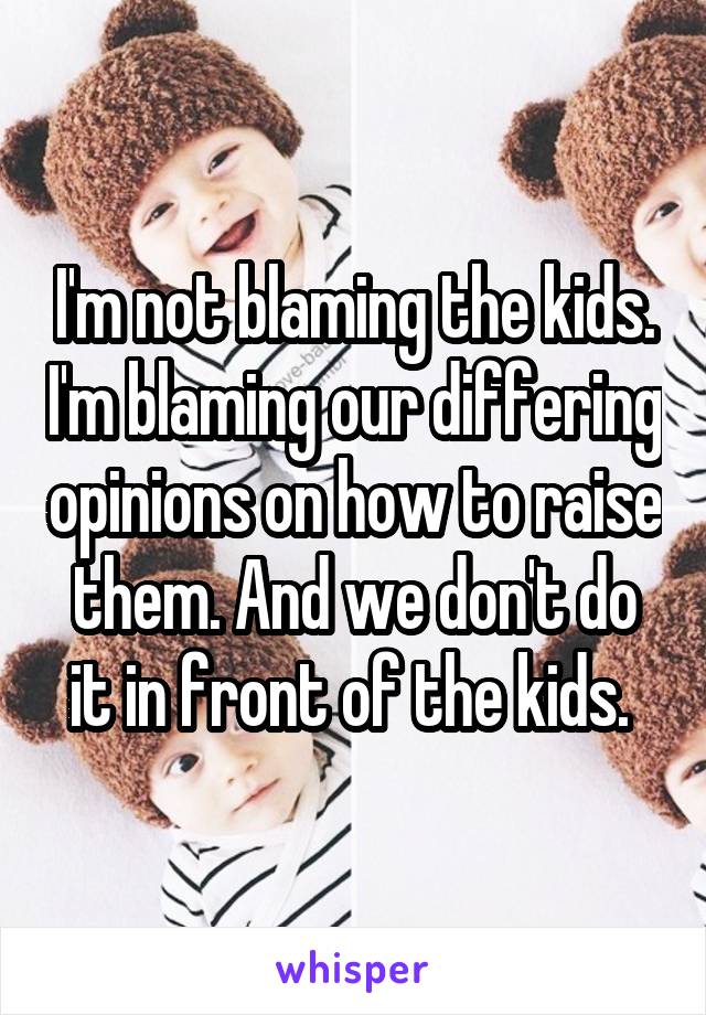 I'm not blaming the kids. I'm blaming our differing opinions on how to raise them. And we don't do it in front of the kids. 