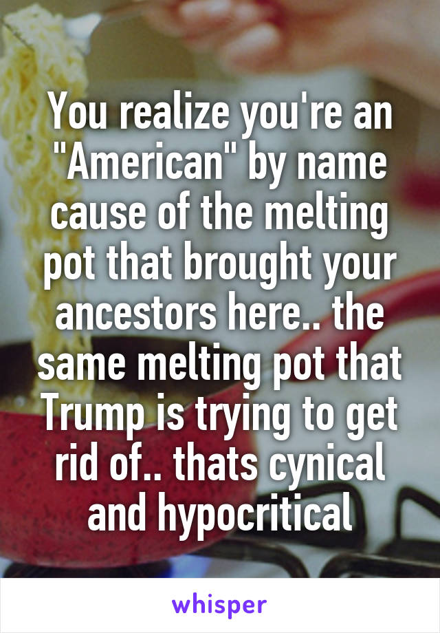 You realize you're an "American" by name cause of the melting pot that brought your ancestors here.. the same melting pot that Trump is trying to get rid of.. thats cynical and hypocritical